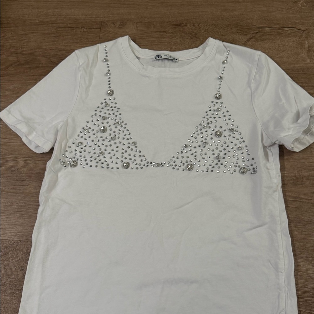 Zara White Tee with Silver Embellishments